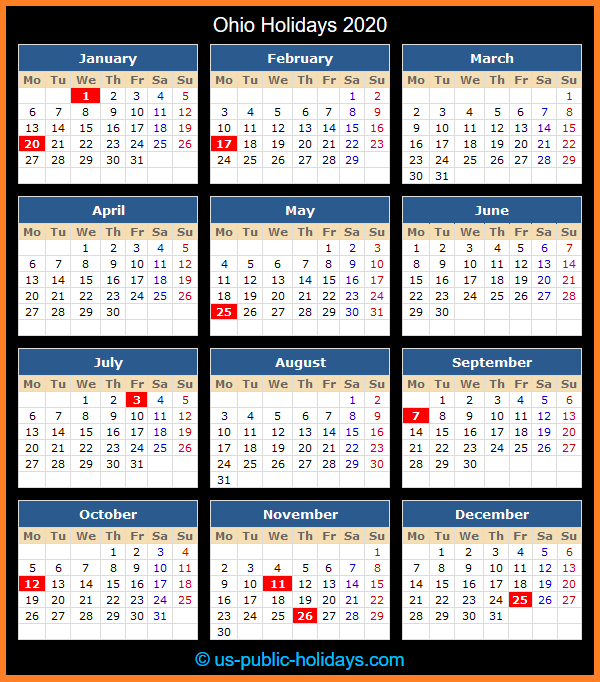 Ohio Holiday Calendar 2020